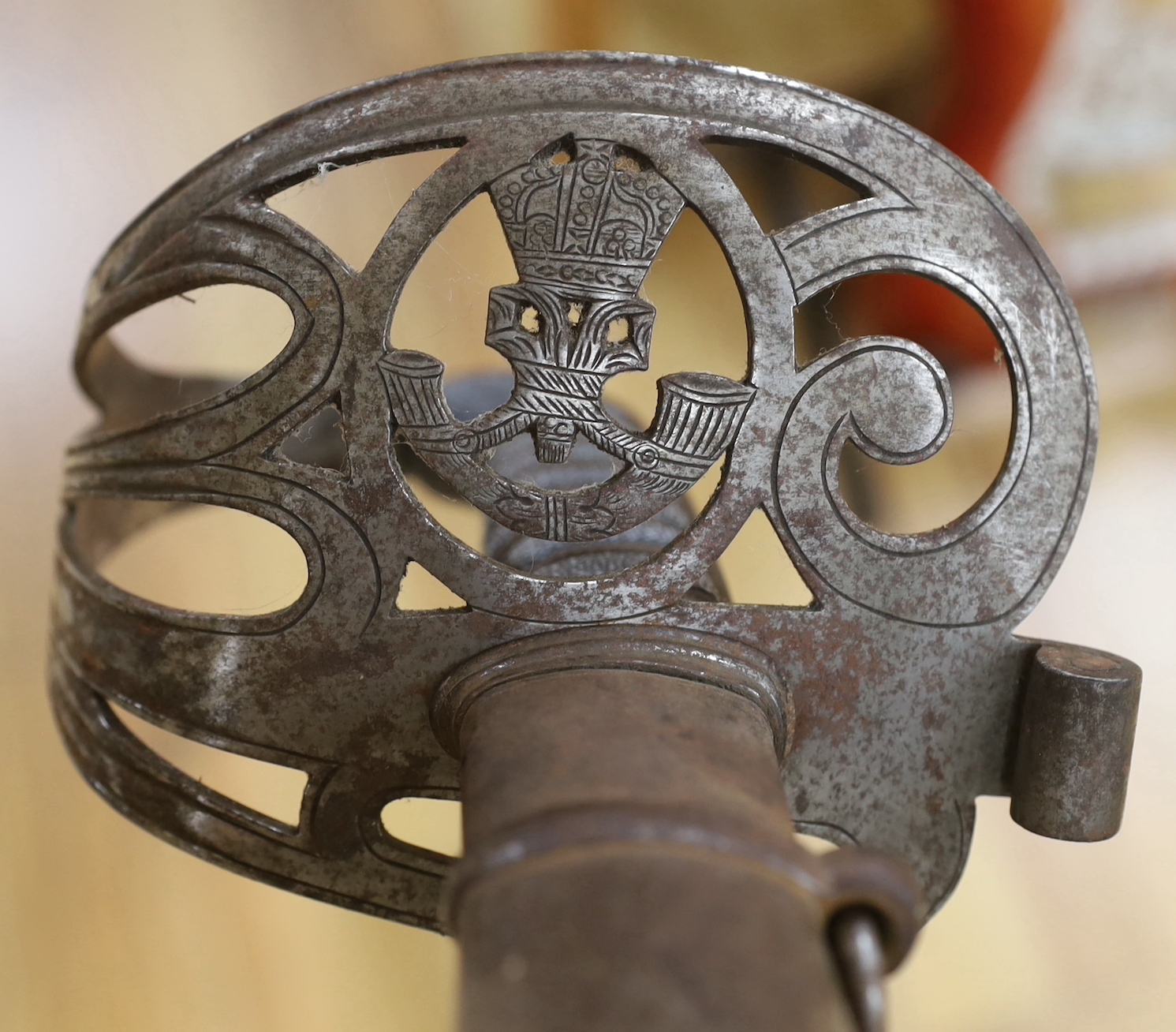 A 19th century shagreen handled and basket hilt, Recon Rifles officer's dress sword, 99cm long